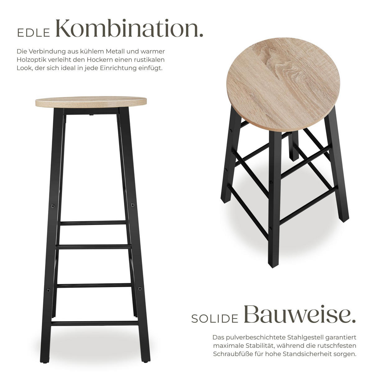 SET BARHOCKER Keynes, Sitzhöhe 72,5 cm, Industrial Holz hell, Eiche Sonoma - Naturfarben, Holzwerkstoff/Textil (31/72.5/31cm) - tectake