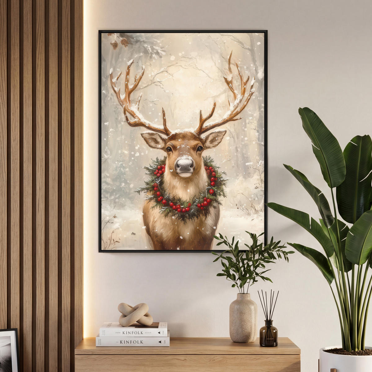 LEINWAND Bilder mit Rahmen - Weihnachten - Rentier - Winter - Kranz - 70x100 - Naturfarben, Textil (70/100cm) - MuchoWow