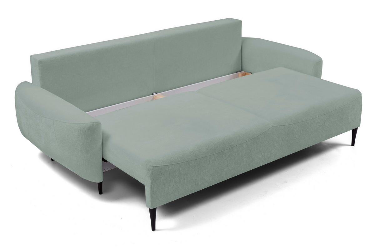 SOFA BOHO Mit Schlaffunktion Und Bettkasten, Wellenfederung, PUR-Schaum, Holzfüße, lose Rückenkissen, freistehend, 244x102x92 cm Mint green - Mintgrün, Holz/Textil (244/92/102cm) - DomoHome