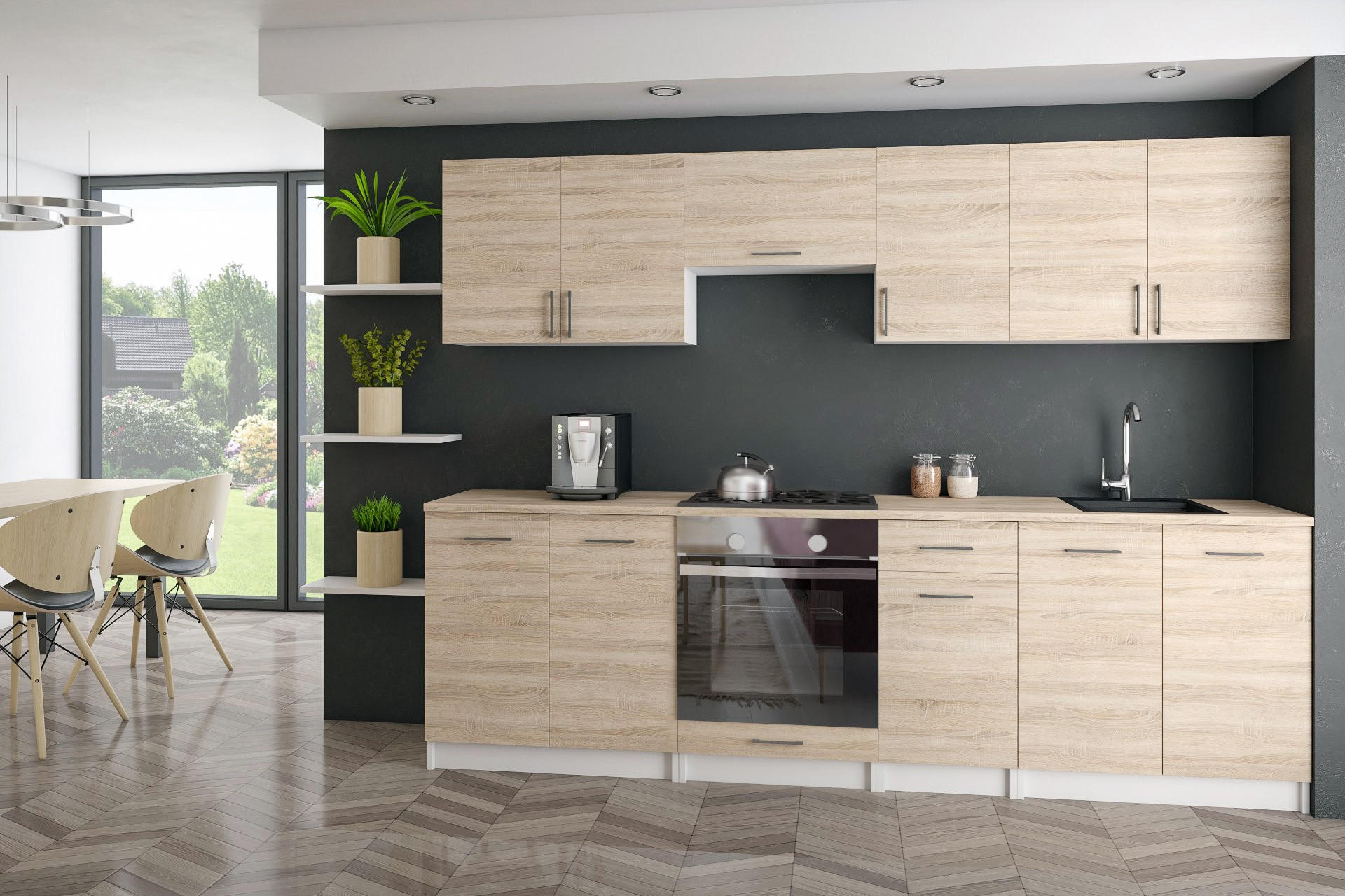 KÜCHENZEILE LECO 240 licht sonoma - Sonoma Eiche, Holzwerkstoff (240/82/46cm) - roe furniture
