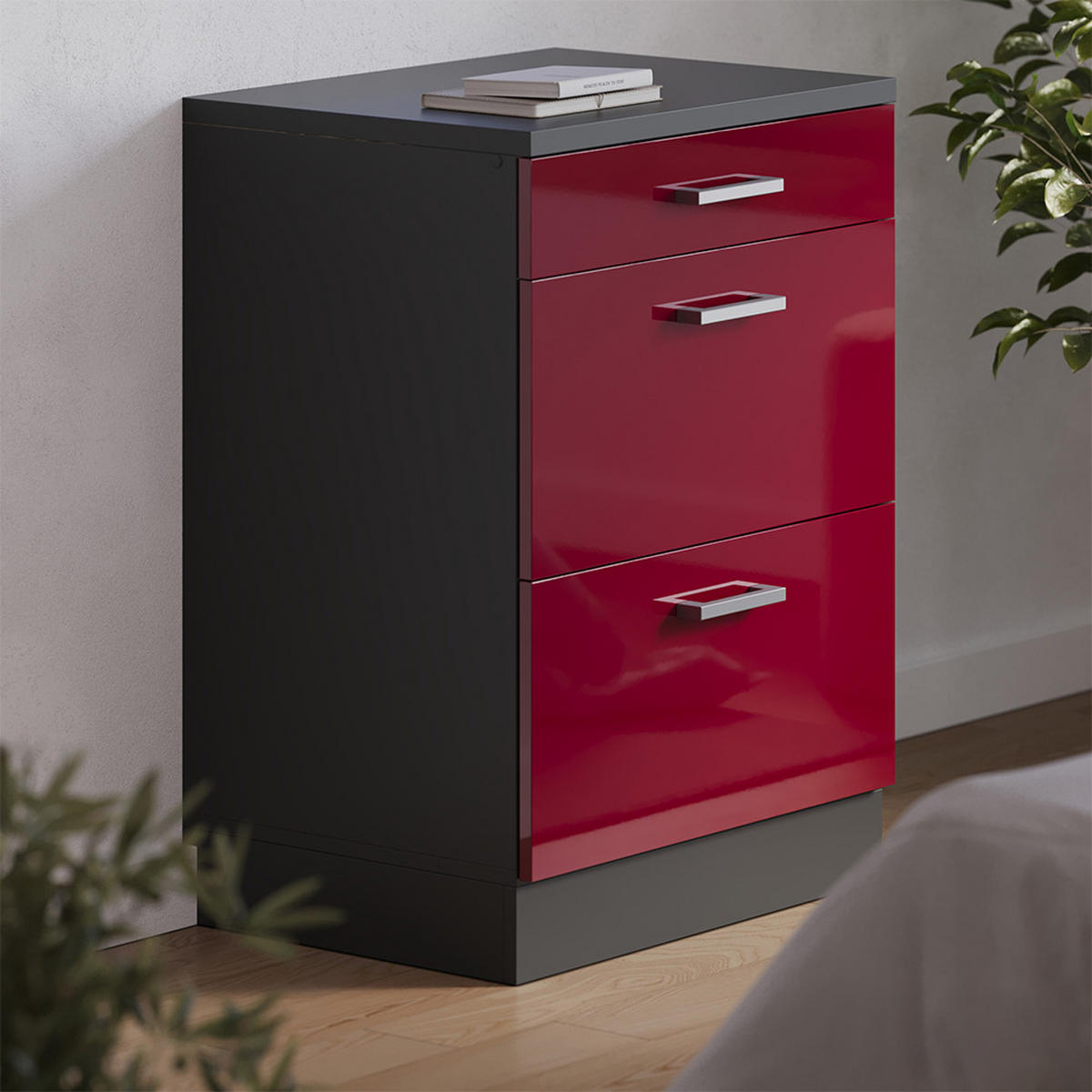 KUHINJSKA OMARA ZA POŠEVNE STREHE R-Line, Rdeča visoki sijaj, 60 cm brez naklona z 3 predaloma - rdeča/antracit, leseni material (60/83.8/46cm) - Vicco