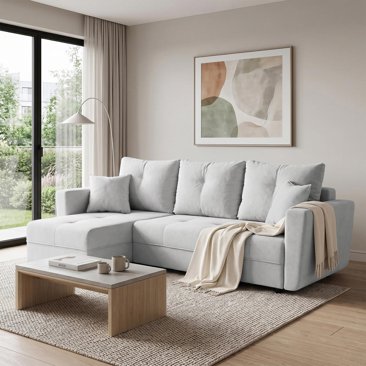 ECKSCHLAFSOFA Verona mit Bettkasten und universeller Ottomane 240 cm, Hellbeige - Beige, Textil (240/148cm) - Beautysofa