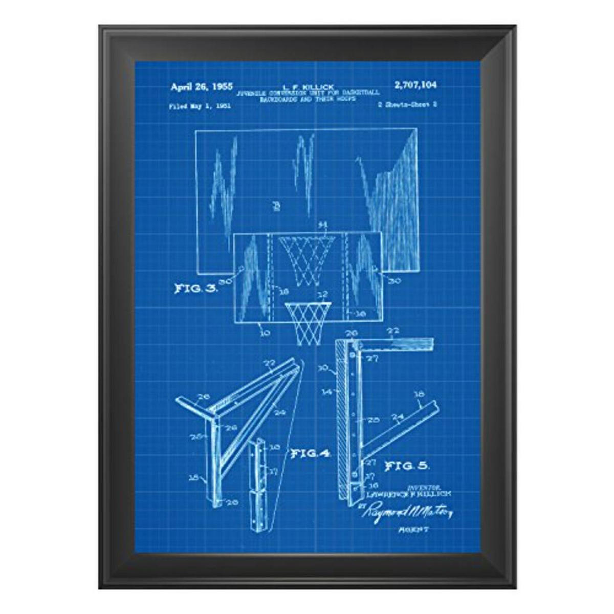POSTER Set mit 4 Blau Basketball Patent A4 Schwarzer Rahmen - Schwarz, Papier (29.7/3cm) - Nacnic