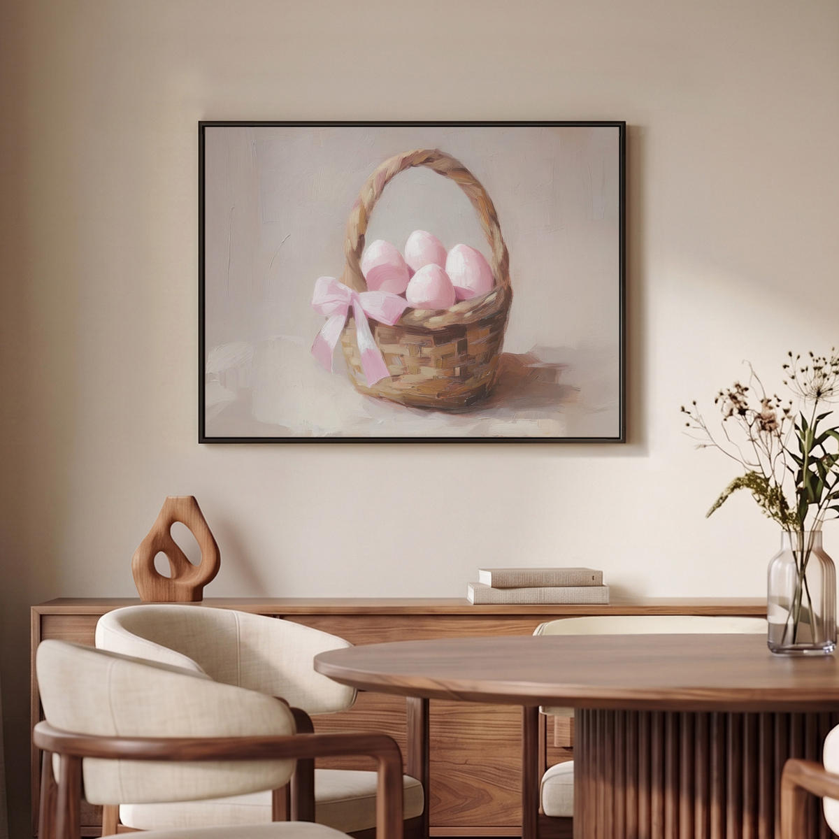 LEINWAND Bilder mit Rahmen - Korb - Eier - Rosa - 80x60 - Beige, Textil (80/60cm) - MuchoWow