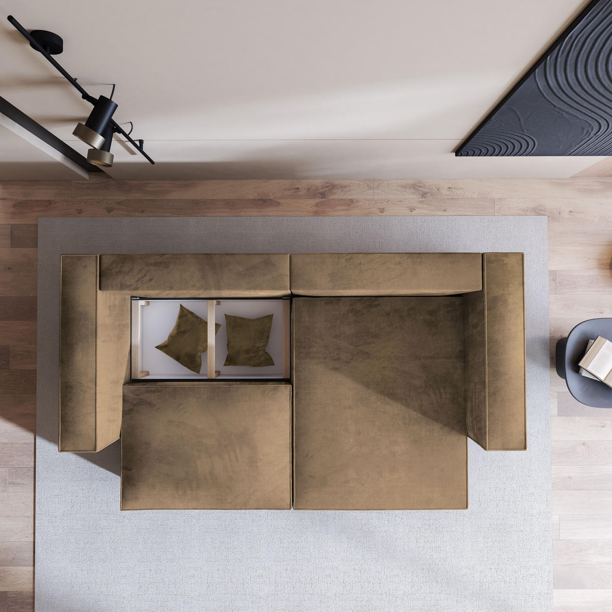 ECKSOFA NERIO M Beige Velours-Stoff mit Schlaffunktion - Beige, Holz (245/148cm) - MASSENO