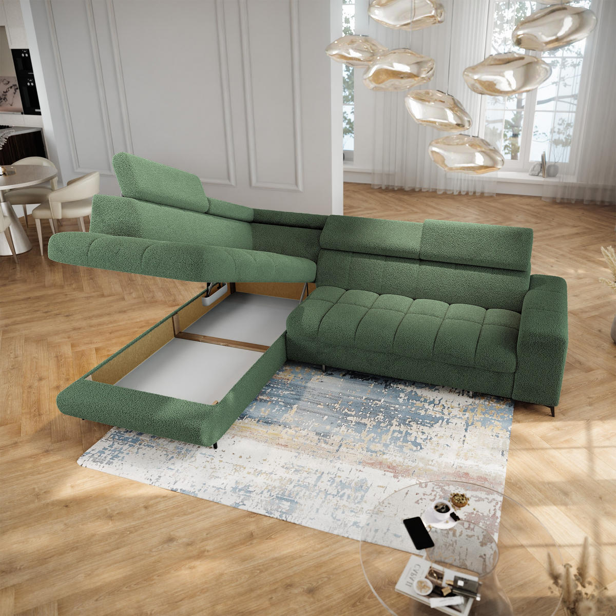 ECKSOFA MORIVA Q L-S Grün Boucle-Stoff mit Schlaffunktion - Grün, Holzwerkstoff/Textil (253/190cm) - MASSENO
