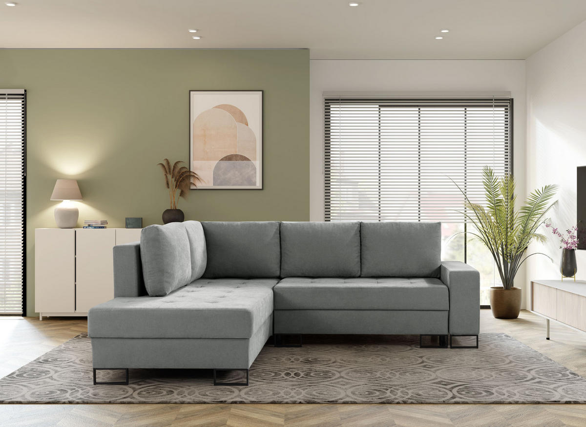 ECKSOFA mit Schlaffunktion Links Grau Chenille - 245x200 cm - Trevi - Schwarz/Grau, Holz/Holzwerkstoff (245/200cm) - Ravio