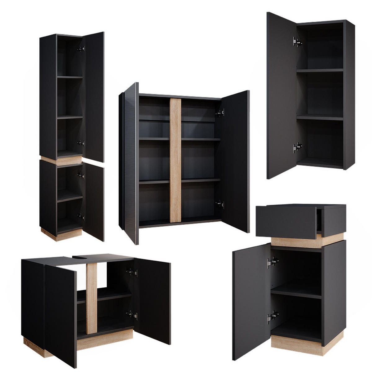BADMÖBEL-SET Gloria Anthrazit 5 Teile - Anthrazit/Sonoma Eiche, Holzwerkstoff (70/55/34cm) - Vicco