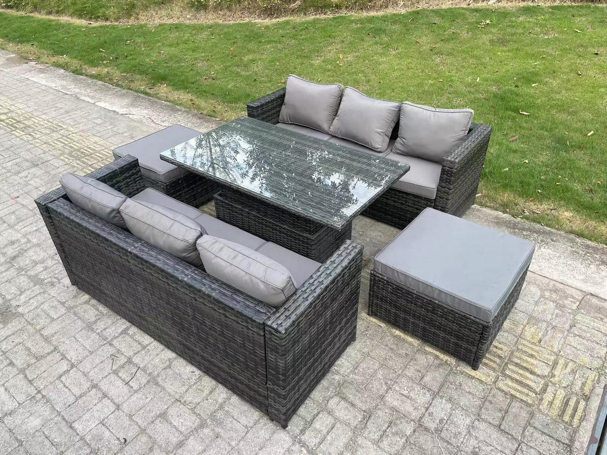 GARTENMÖBEL HÖHENVERSTELLBARER ESSTISCH SET MIT HOCKER 8-Sitzer - Dunkelgrau/Grau, Glas/Kunststoff - Fimous