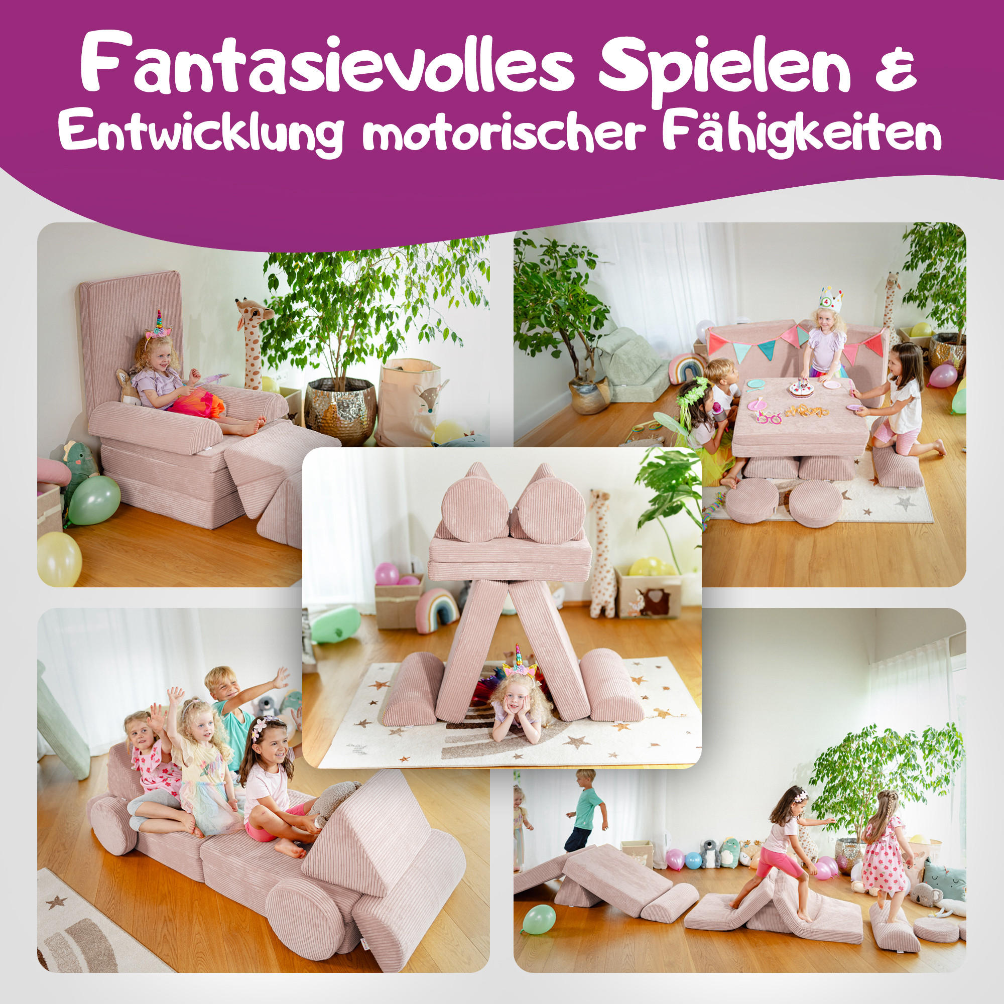 SPIELSOFA Kinder Fantasiewelt 8tlg - Rosa, Textil (150/55/66cm) - Linodino