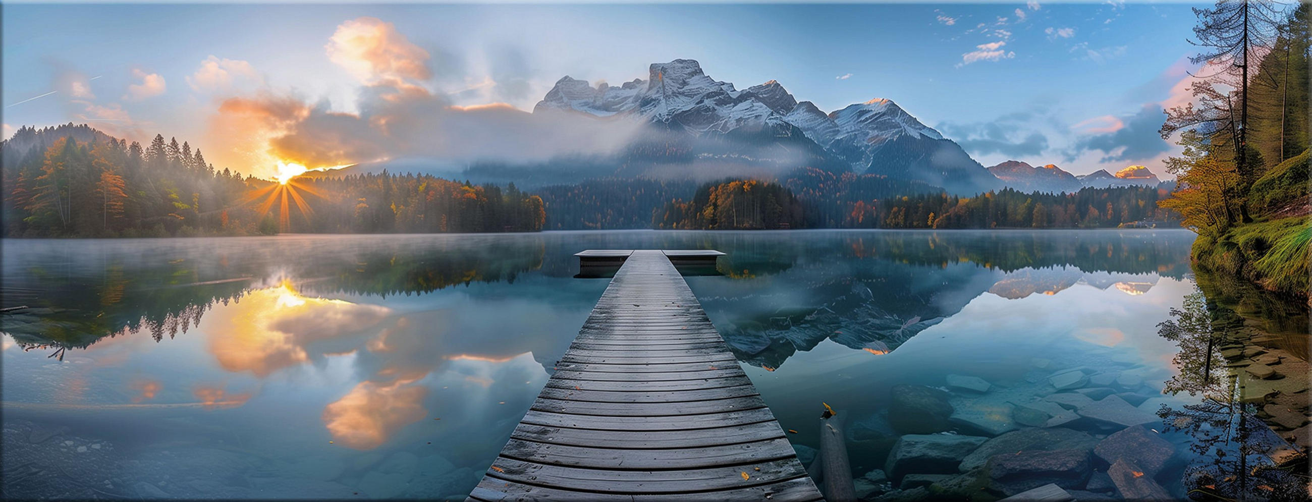 GLASBILD 80x30 cm Berge Steg Panorama - Gelb, Glas (80/30cm) - artissimo