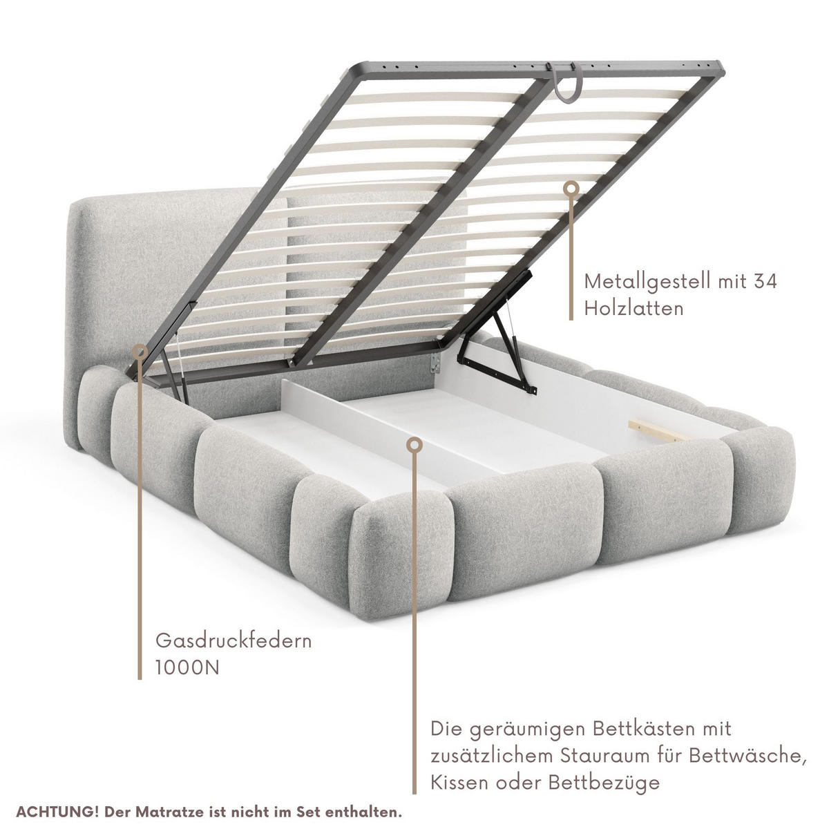 POLSTERBETT ARDELLO mit Beinen mit Bettkasten,Bett 160x200,Doppelbett,Lattenrost,Boxspringbett-Optik,ohne Matratze,Schlafzimmer-Beige - Hellgrau, Holz (180/200cm) - Furnistar