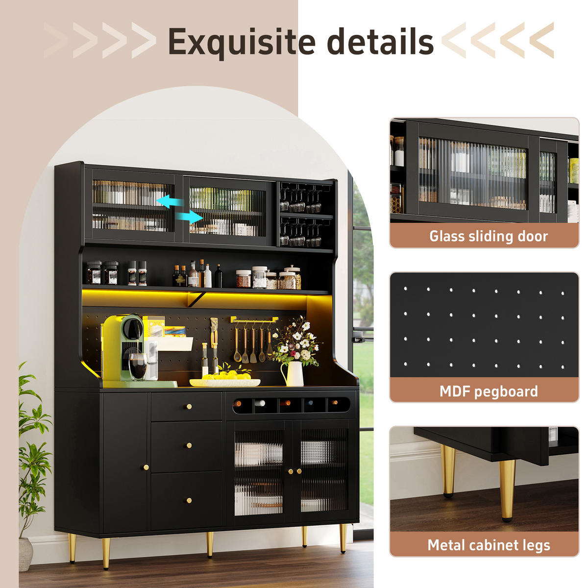 KÜCHENSCHRANK 145x39x171 cm, LED-Beleuchtung, Schiebetüren, Weinregal, Schwarz - Schwarz, Holzwerkstoff (145/171/39cm) - FOHERE