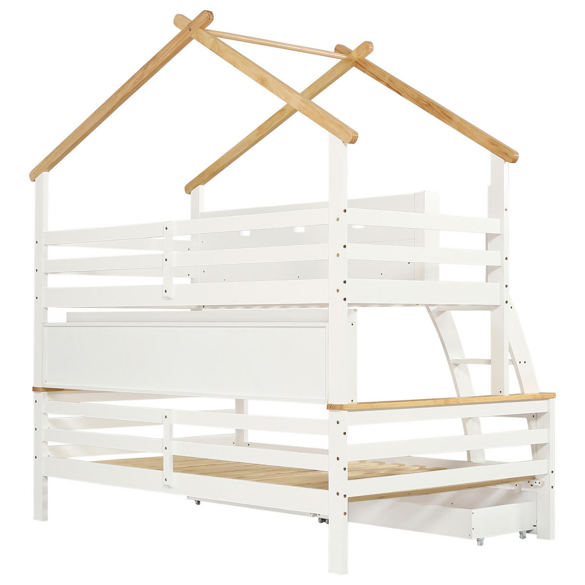 ETAGENBETT 120/200 cm DE-02263, in Weiß/Natur, mit 2 Schubladen und Treppe - Weiß, Holz/Holzwerkstoff (120/200cm) - ComfortXL