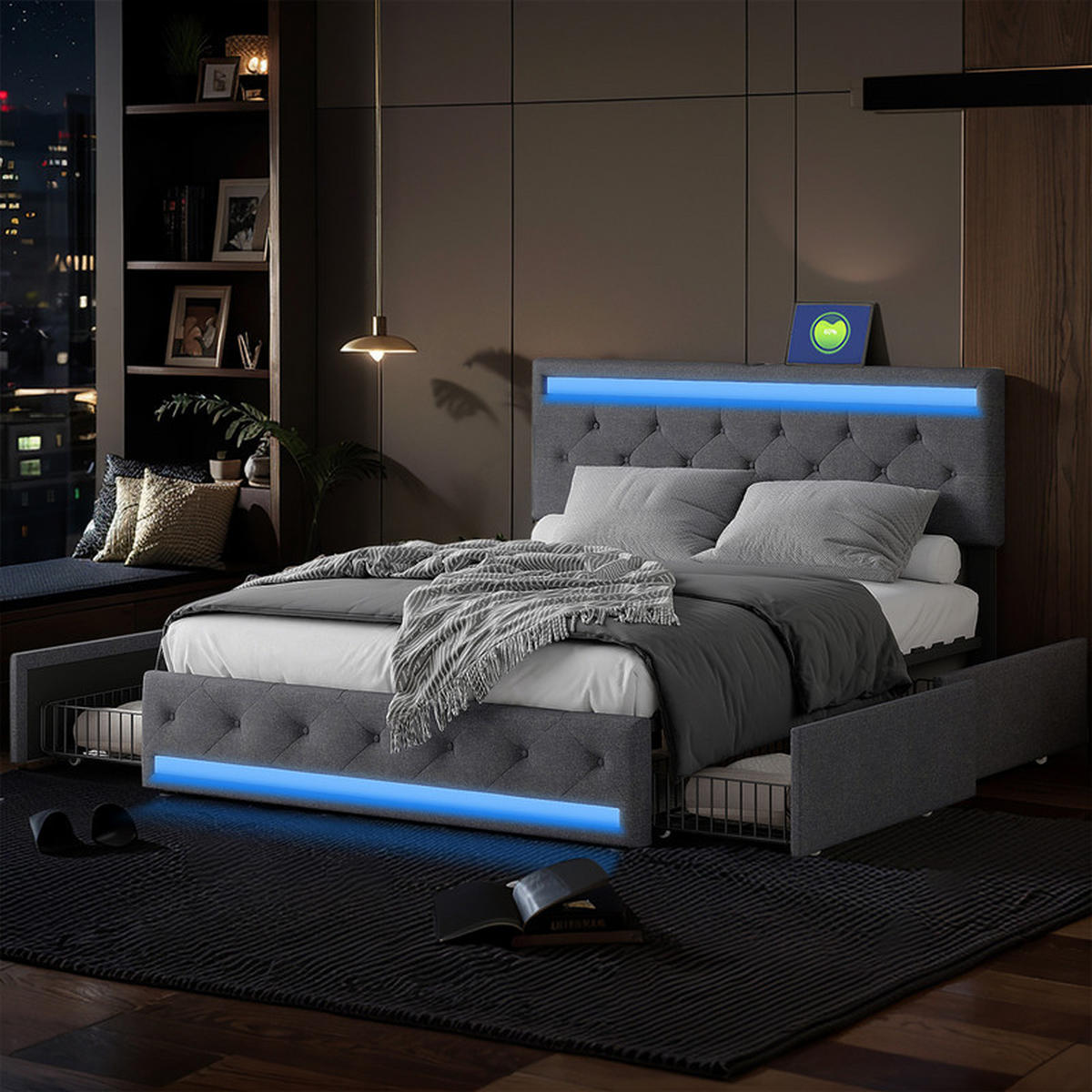 POLSTERBETT 140x190 cm, Leinen, Dunkelgrau, mit LED-Lichtleiste und 4 Metallschubladen, Bettgestell, ohne Matratze - Grau, Holz (140/190cm) - WoodenAura