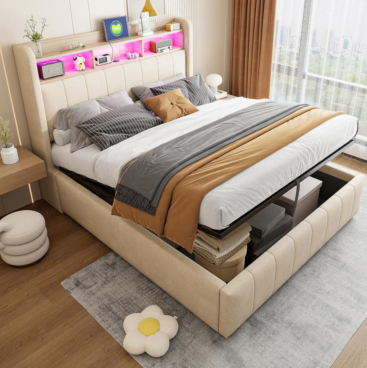 POLSTERBETT 140/200 cm Beige aus Leinenstoff mit LED und Stauraum - Beige, Textil (140/200cm) - OKMYHOME