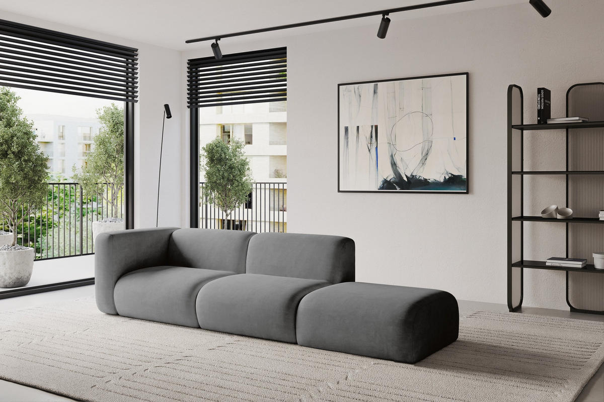 SOFA Ottomane Links MIRA-S3 296x89x70 Grau Velours - Schieferfarben/Schwarz, Holzwerkstoff/Kunststoff (296/70/89cm) - ALTDECOR