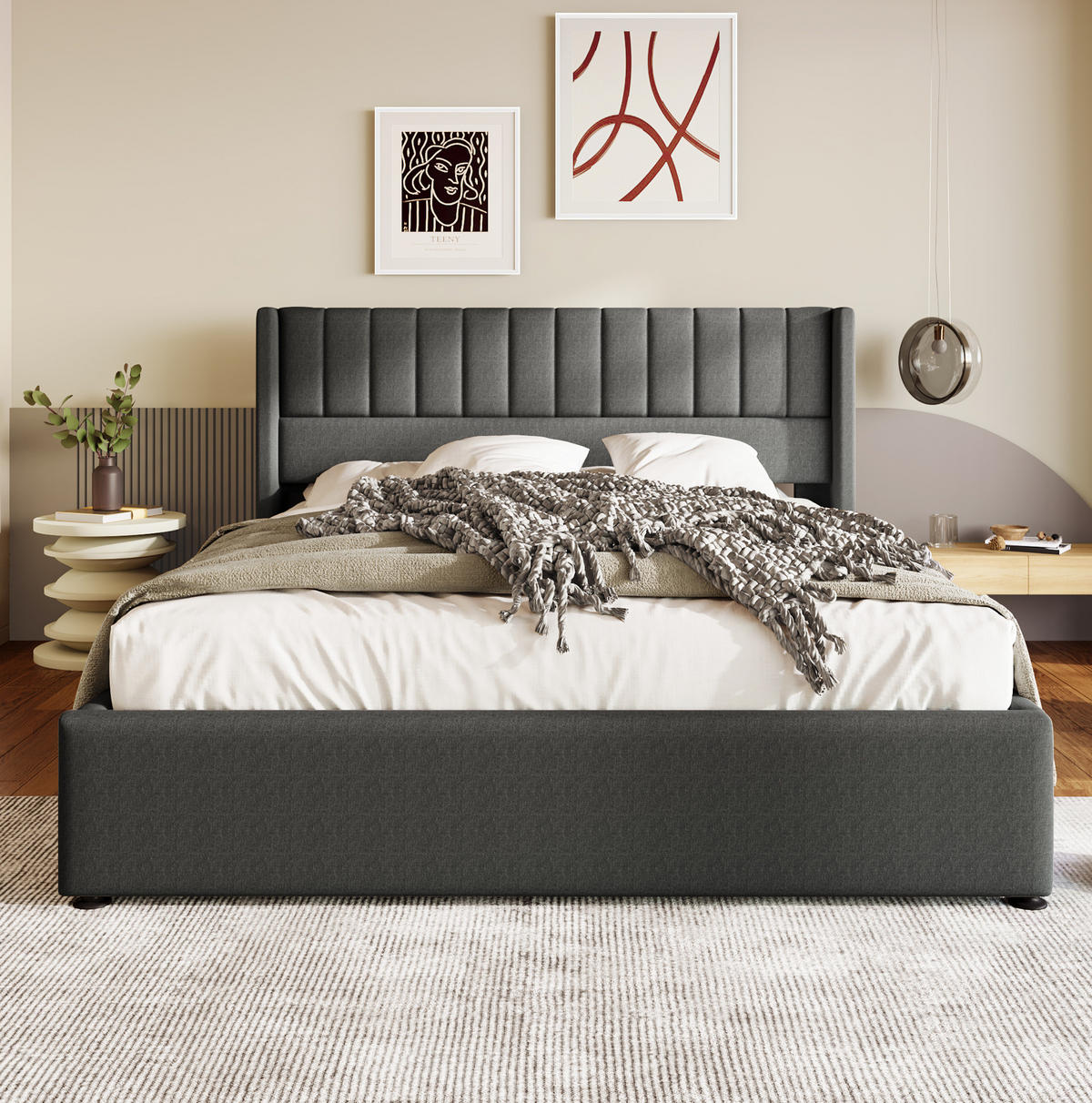 BETT mit Bettkasten 140x200 cm Leinen Grau - Grau, Metall (140/200cm) - Meubliv