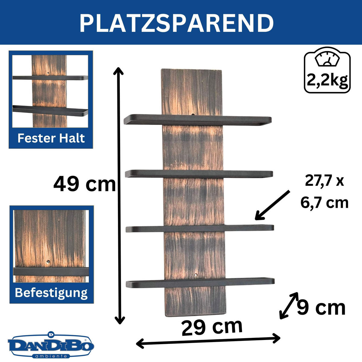 WEINREGAL Wand für 4 Flaschen Metall Flaschenregal  - Schwarz, Metall (29/49/9cm) - DanDiBo