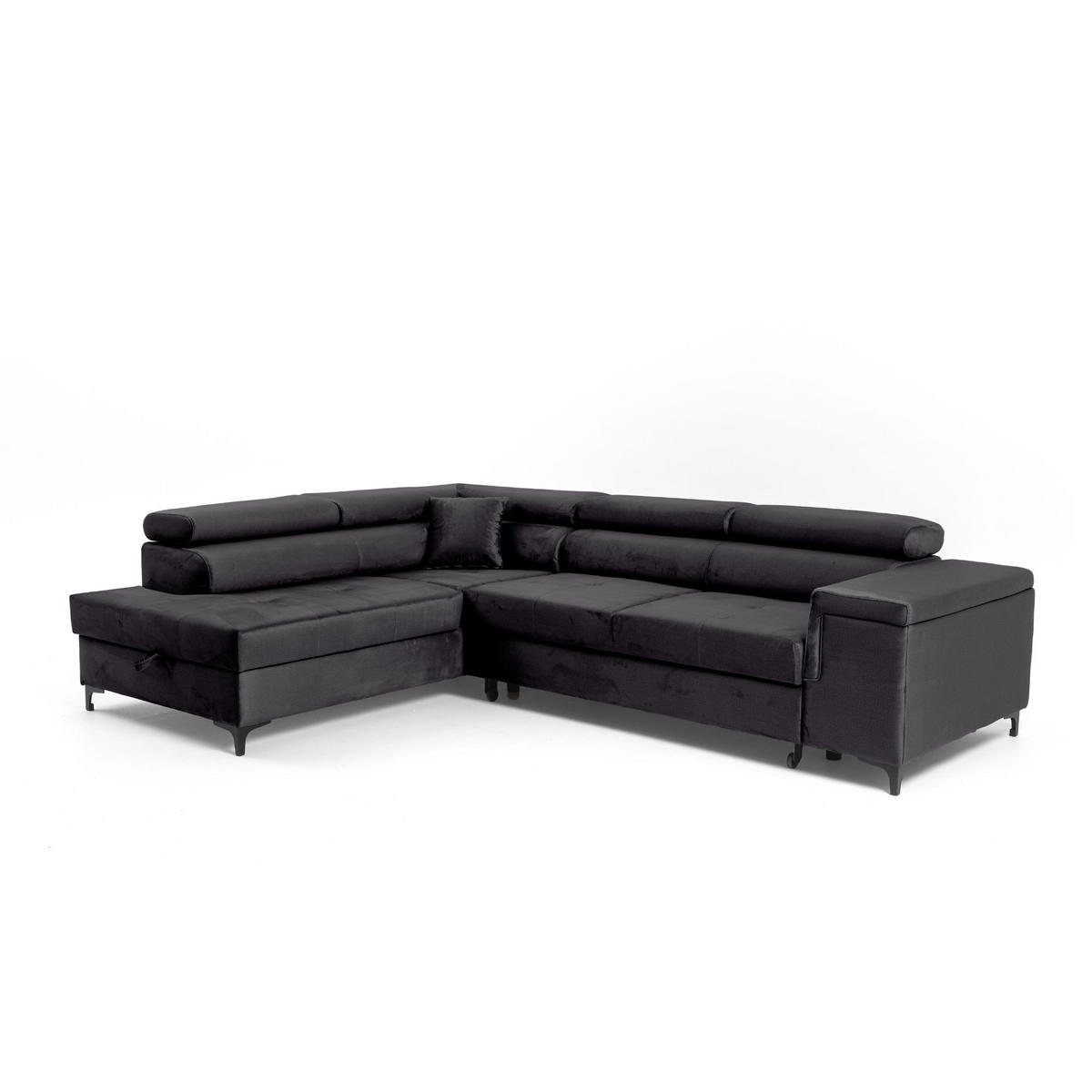 ECKSOFA WILLIAM L Links mit Schlaffunktion 127x195 Velours Schwarz - Silberfarben/Schwarz, Holz/Textil (275/203cm) - Muffo
