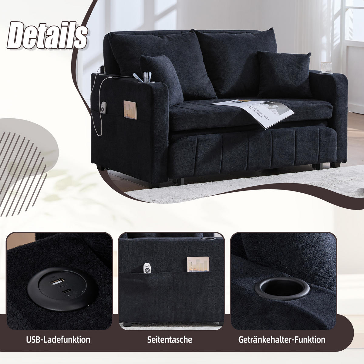 SCHLAFSOFA klappbar mit USB und Getränkehaltern, Schwarz - Schwarz, Textil (139/83/73cm)