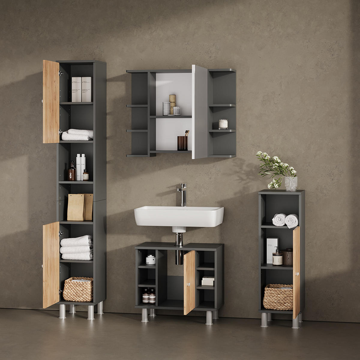 BADMÖBEL-SET Fucino Anthrazit/Goldkraft Eiche 4 Teile - Honigeiche/Anthrazit, Holzwerkstoff (60/54/32cm) - Livinity®