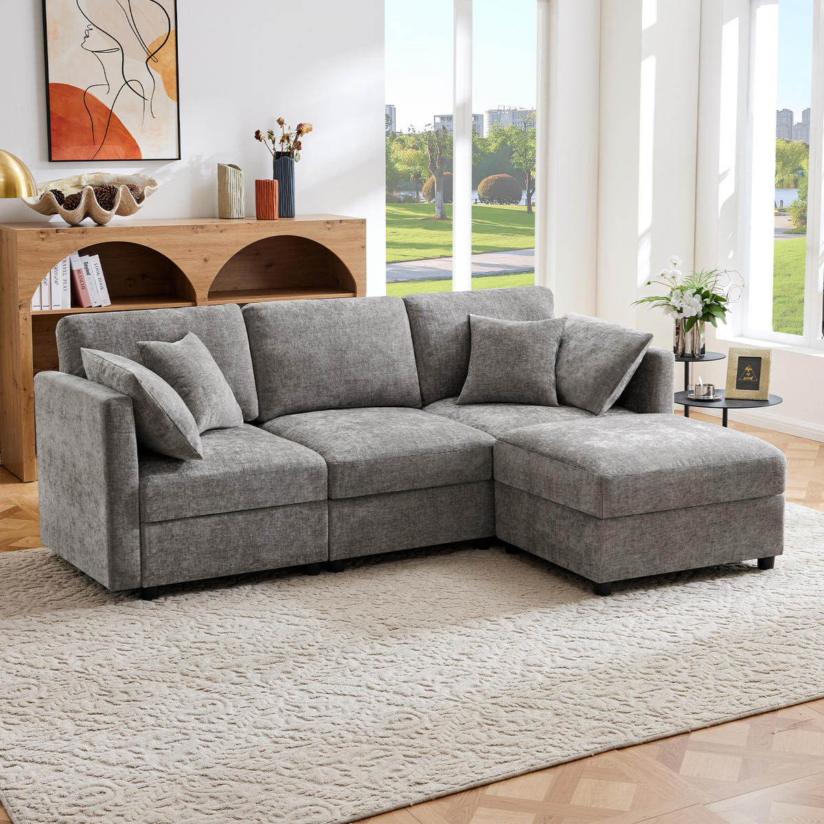 ECKSOFA 218/156.5/86 cm Grau mit Hocker und verstellbaren Armlehnen - Grau, Textil (218/156.5cm) - Oxeza