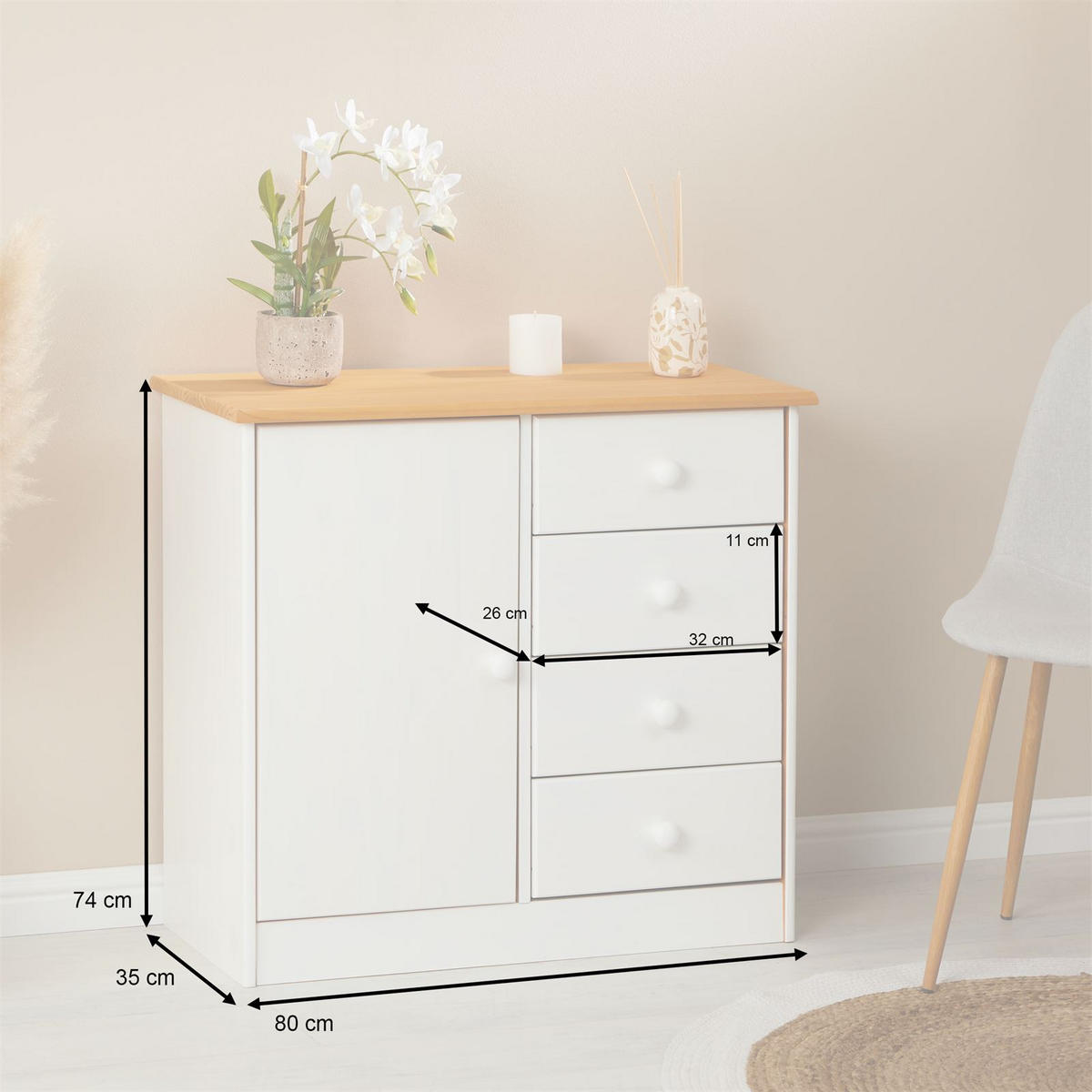 KOMMODE RONDO weiß/braun - Weiß/Braun, Holz (79/74/35cm) - IDIMEX