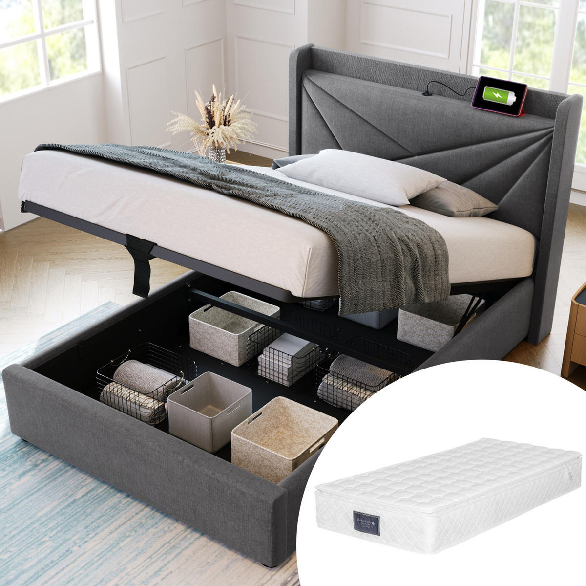 ČALOUNĚNÁ postel 96/208/107 cm šedá, s USB-C, úložným prostorem a matrací - šedá, textil (90/200cm) - BEAOK