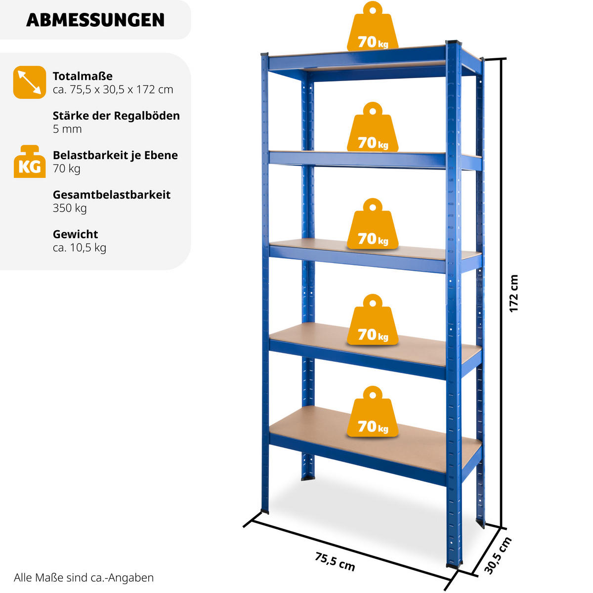 SCHWERLASTREGAL ,75,5 x 30,5 x 172 cm,blau - Blau, Metall (30.5/172/75.5cm) - tectake