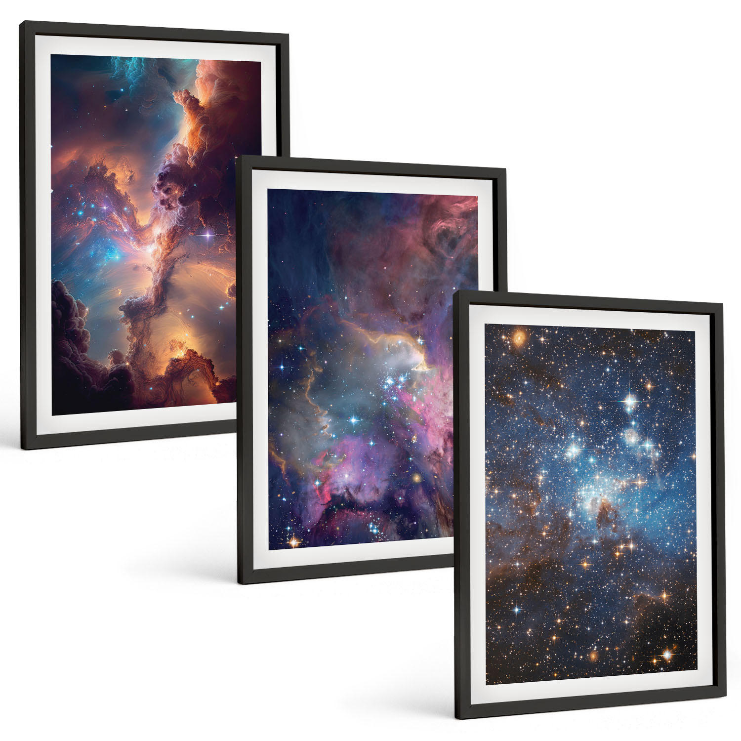 BILDER SET 3er Set - 40x60 cm Schwarzer Rahmen - Kosmische Sternenlandschaften - Schwarz, Kunststoff (40/60cm) - TULUP