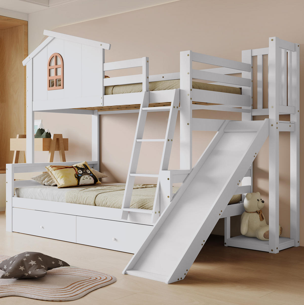ETAGENBETT aus Kiefernholz und MDF 90x200/120x200 cm Weiß mit Rutsche, Fenster, Schrägleiter und 2 Schubladen - Weiß, Holzwerkstoff (90/200cm) - Modfu