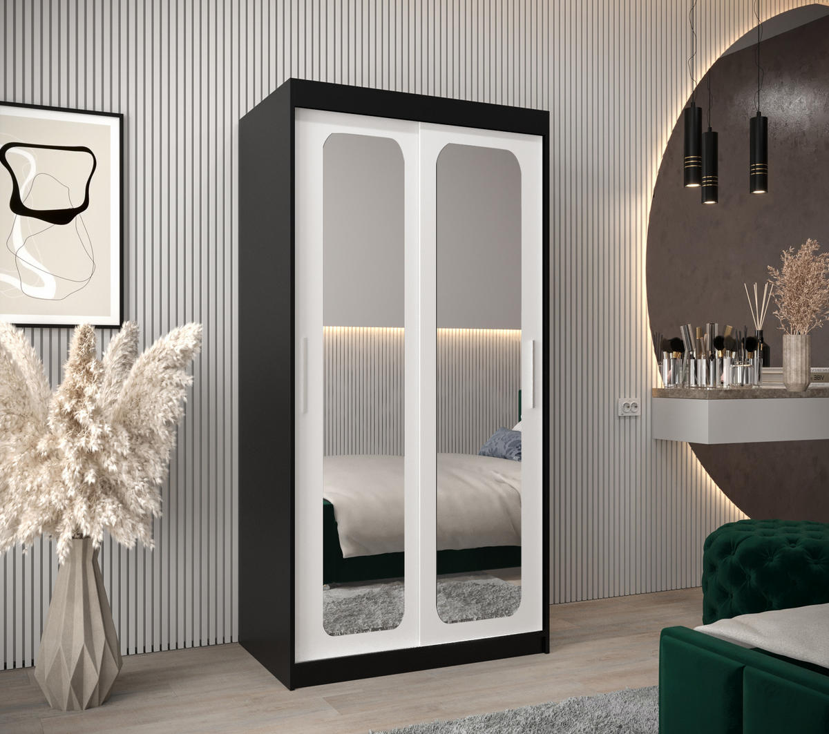SCHWEBETÜRENSCHRANK 200/100/62 2-türig - Silberfarben/Schwarz, Holz/Kunststoff (100/200/62cm) - Abiks Möbel
