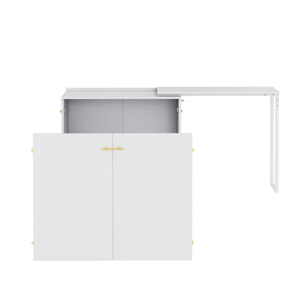 KLAPPBETT 90/200 cm mit drehbarem Schreibtisch, Matratze und Rollen, platzsparend aus Metall, Weiß/Holzfarbe - Weiß, Metall (90/200cm) - Redom