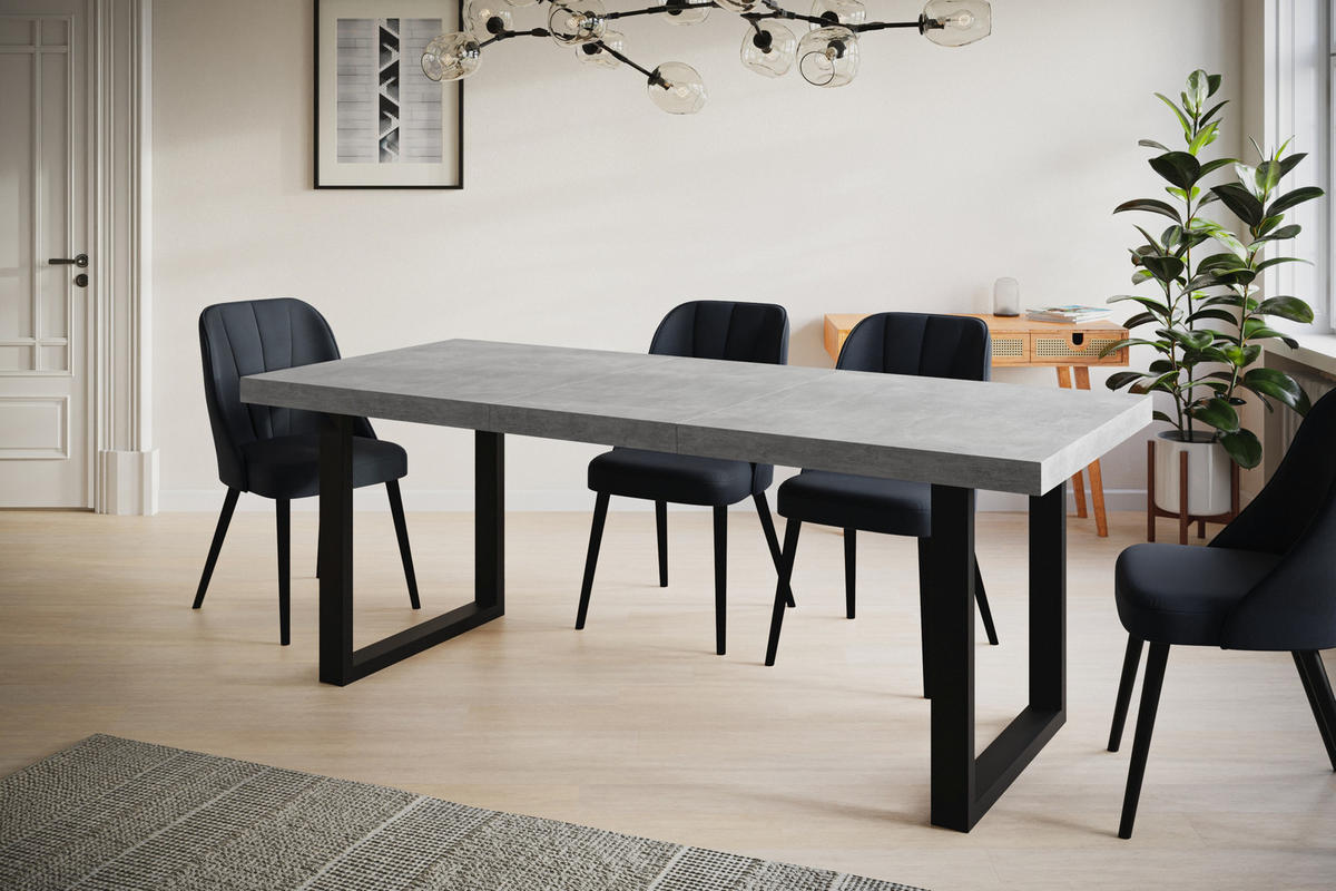 ESSZIMMERTISCH LOFT-U, ausziehbarer Tisch 180-280X90X77 cm, Farbe: Grau, mit Metallbeinen in Farbe Schwarz - Schwarz/Grau, Holzwerkstoff (180/90/77cm) - Alpi-Möbel