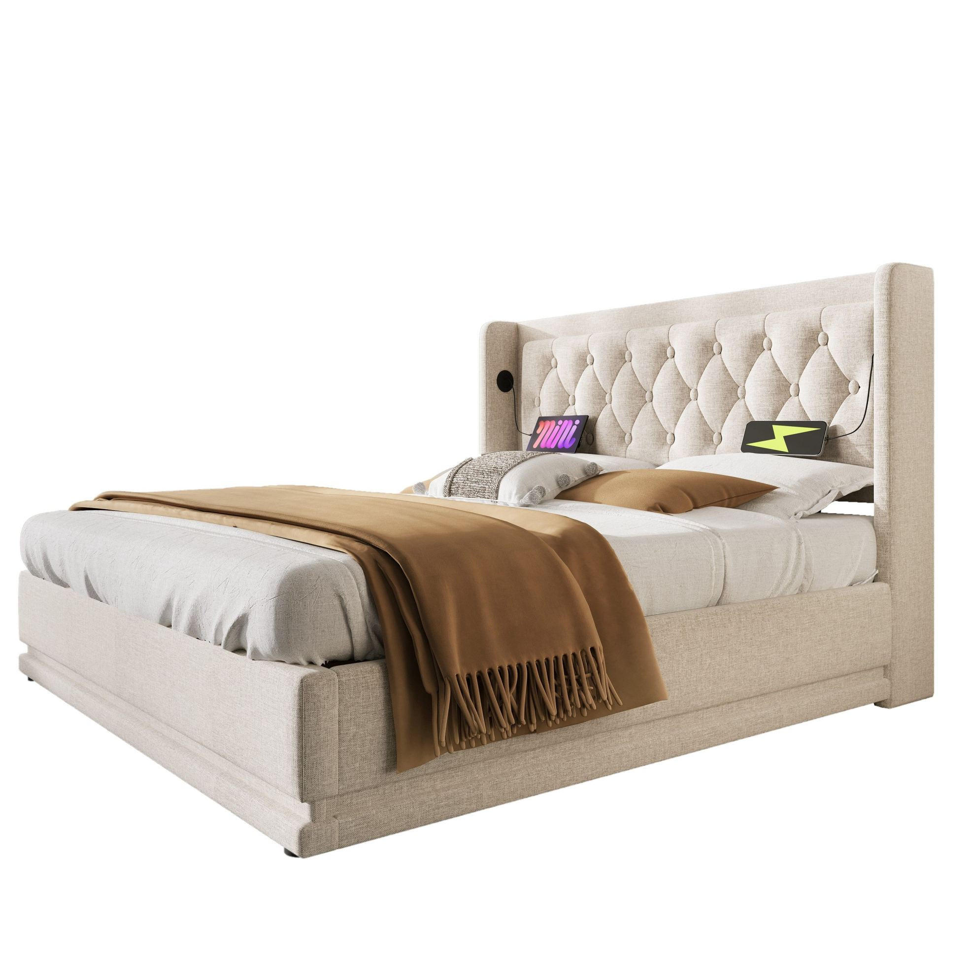 POLSTERBETT 160/200 cm mit Bettkasten, LED und USB-C in Beige - Beige, Textil (160/200cm) - BEAOK