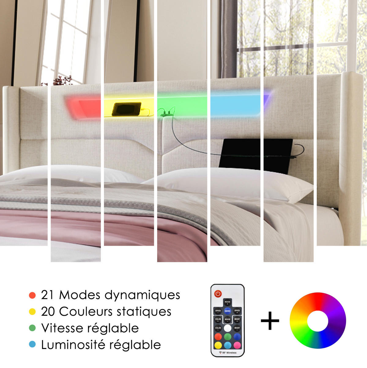 POLSTERBETT 160/200 cm Beige aus Leinen mit LED, USB, Type-C und Stauraum - Beige, Textil (160/200cm) - OKMYHOME