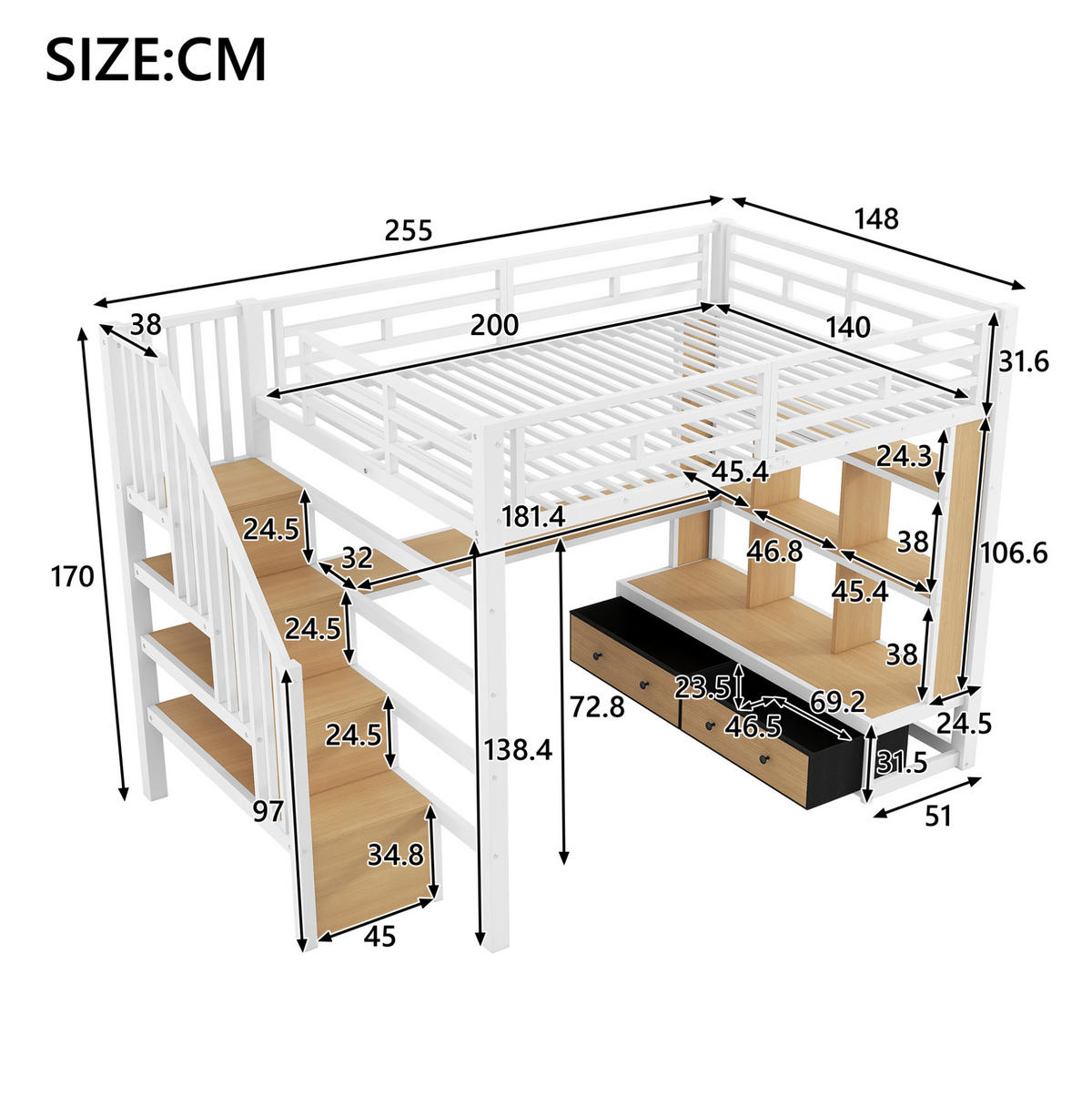 HOCHBETT 140/200 cm Weiß mit Schreibtisch, Regalen und LED - Weiß, Metall (140/200cm) - MIVRAY