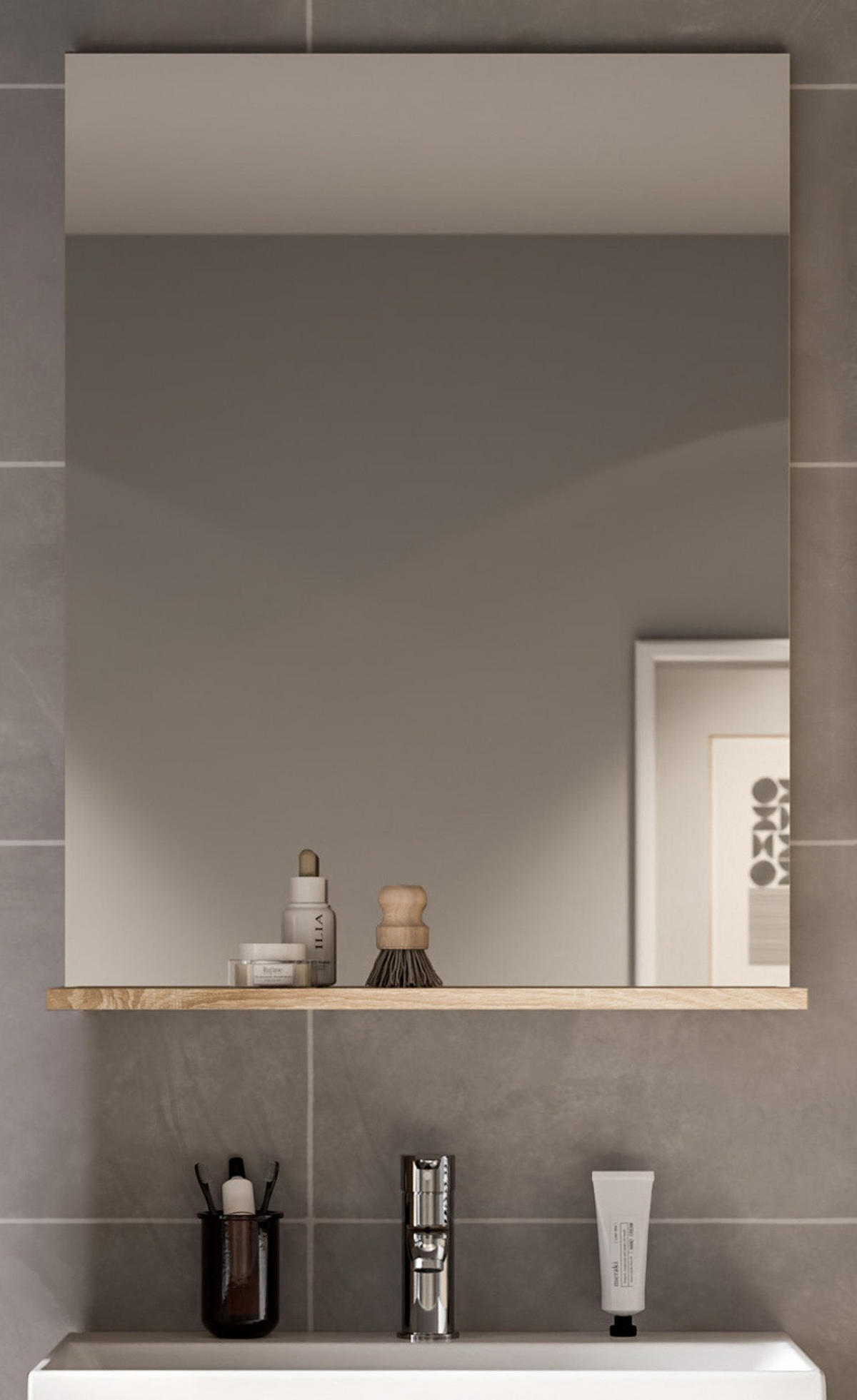 BADSPIEGEL Eiche 60 x 79 cm, Wandspiegel mit Ablage - Eichefarben, Glas/Holzwerkstoff (60/79/18cm) - Inn.Furn