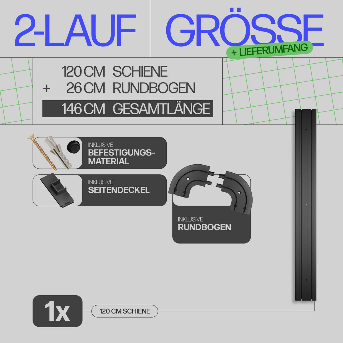 GARDINENSCHIENE inkl. Rundbögen 120cm 2-läufig - Schwarz, Kunststoff (10/1.8/120cm)