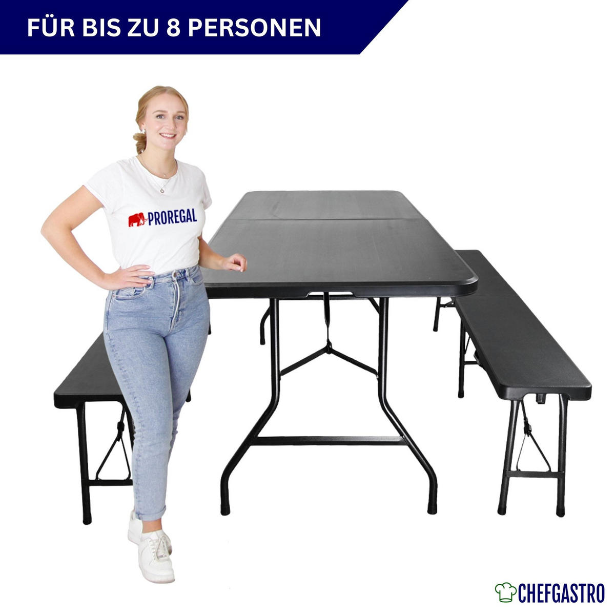 BIERZELTGARNITUR klappbar 180cm 3-teilig 1x Buffettisch 2x Bierbänke Kunststoff Schwarz - Schwarz, Kunststoff - CHEFGASTRO