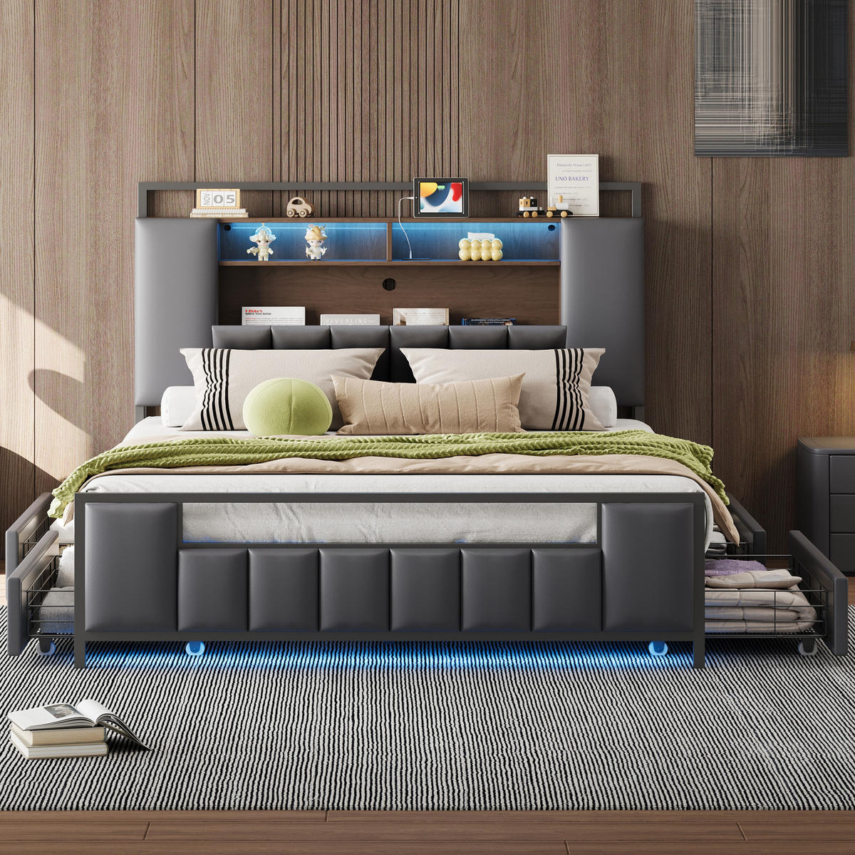 POLSTERBETT 160/200 cm grau mit LED-Beleuchtung und USB-Anschluss - Grau, Textil (160/200cm) - OKWISH