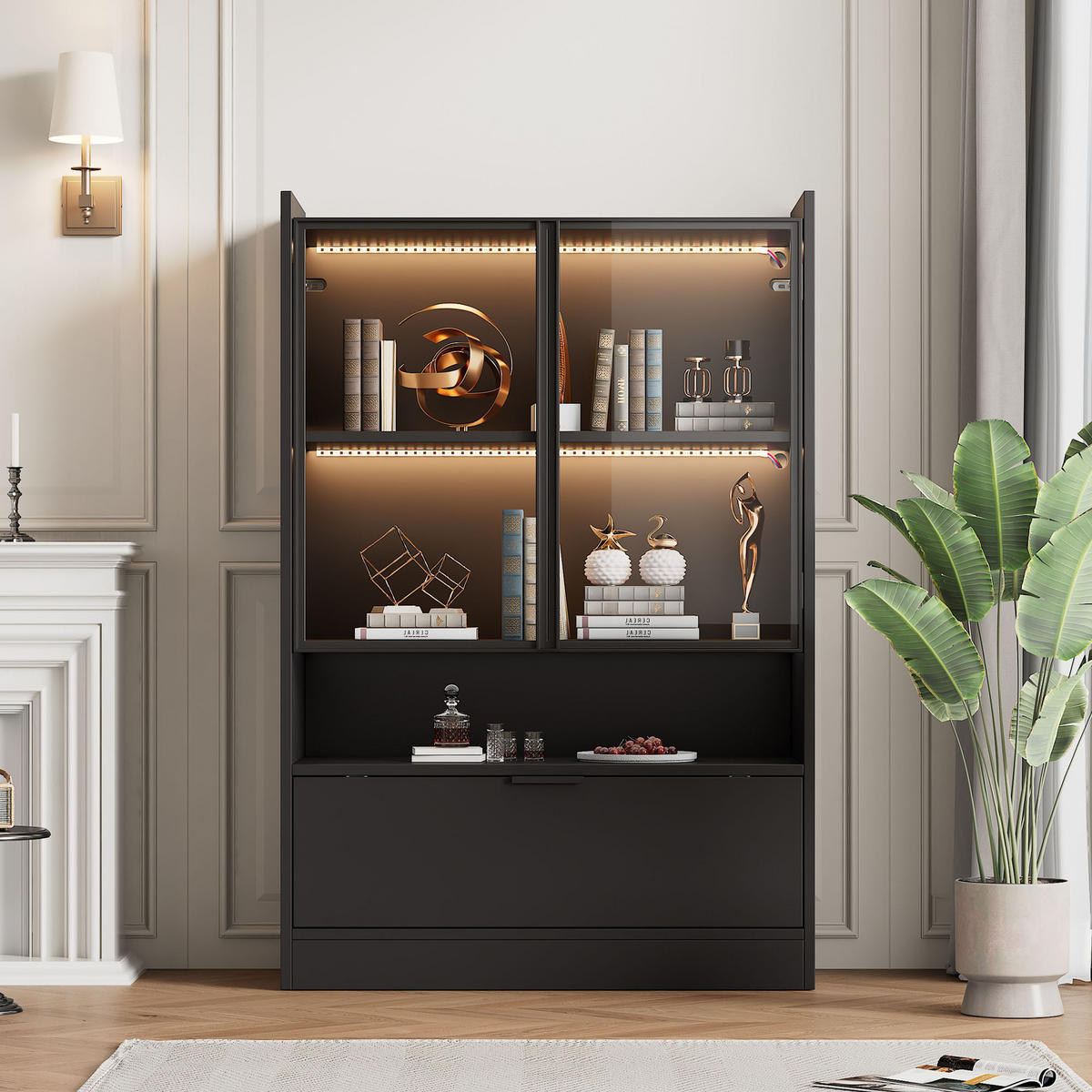 VITRINE 35/80/120 cm schwarz matt aus Spanplatte mit Glas und LED - Schwarz, Holzwerkstoff (80/120/35cm) - OKWISH
