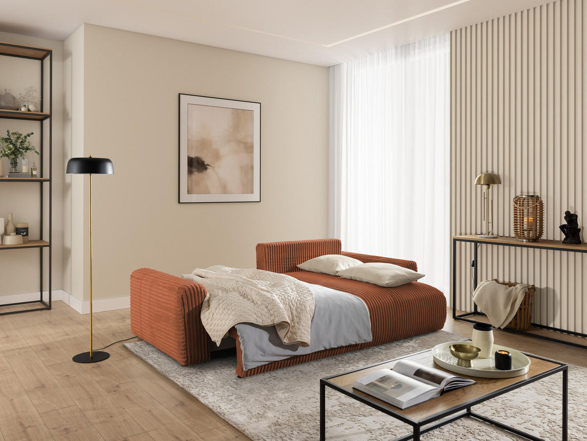 ECKSOFA Calma mit Schlaffunktion und Bettkasten im Bumpy-Design aus weichem Terrakotta Plüschcord - Ottomane rechts - Terracotta/Schwarz, Holz/Kunststoff (140/239cm) - S-Style