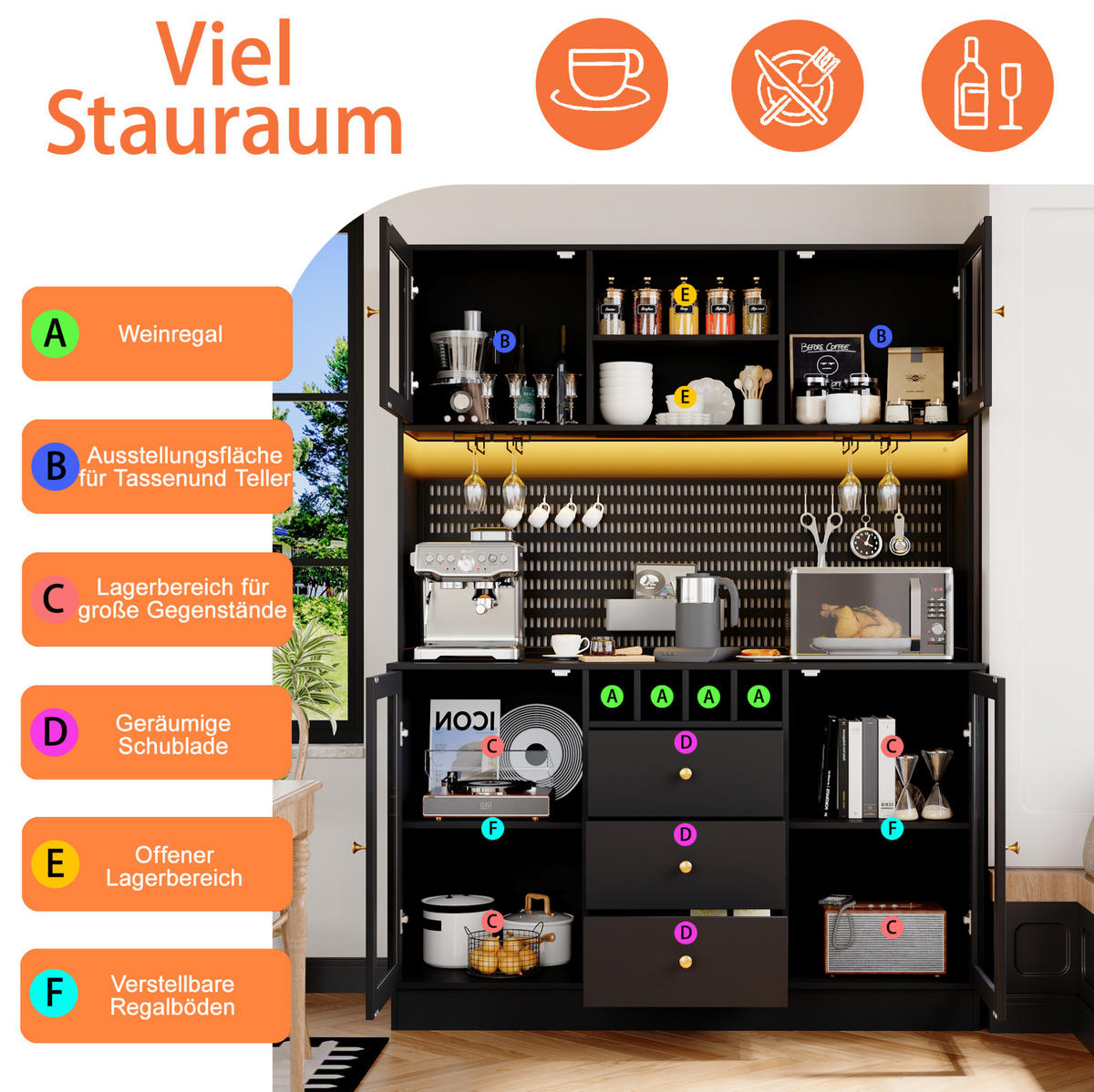 BUFFET 140/40/185,7 cm aus MDF und Glas mit LED-Beleuchtung Schwarz - Schwarz, Holzwerkstoff (140/185.7/40cm) - Modenvie