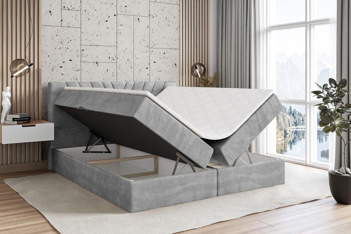 BOXBETT mit Matratze H4 und Lattenrost - ERNINA - 140x200 cm - H4 - Hellgrau - Hellgrau, Holzwerkstoff (140/200cm) - ALTDECOR