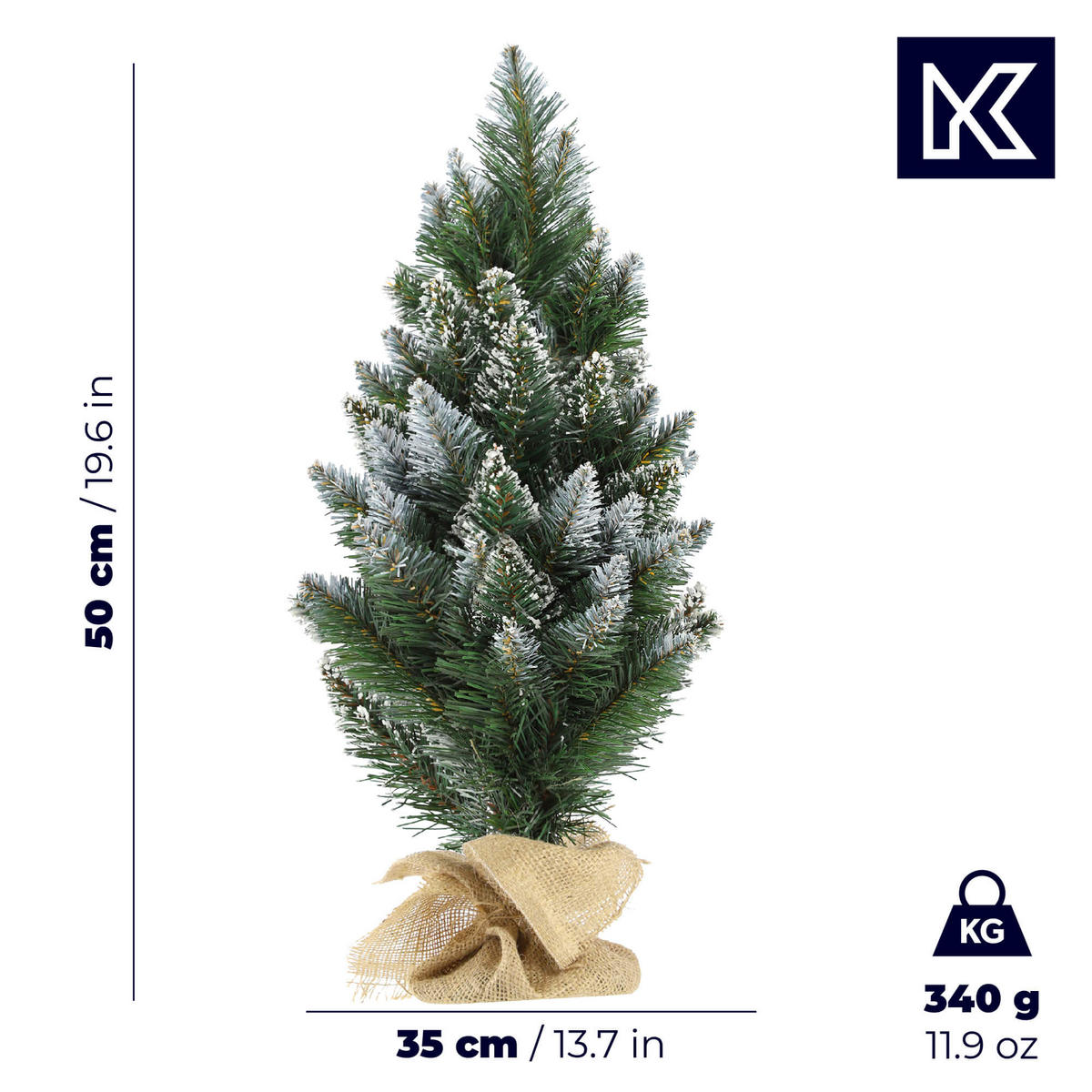 KADAX Künstlicher Weihnachtsbaum klein, 50 cm, schneebedeckte Kiefer, Jute - Grün, Kunststoff (55cm) - KADAX