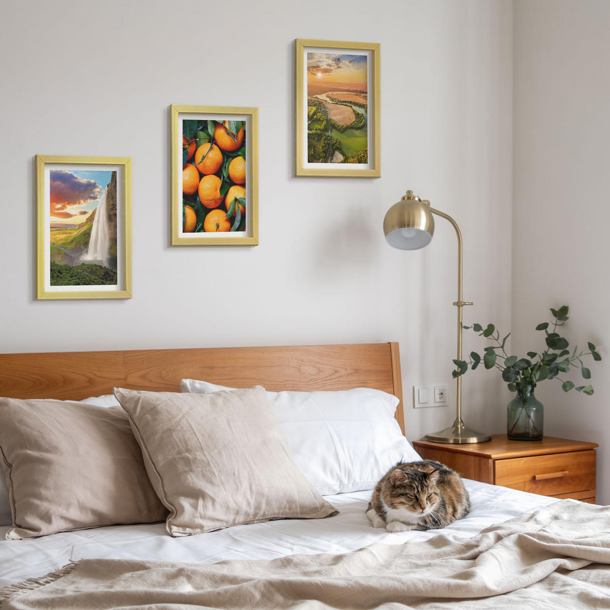BILDER SET 3er Set - 20x30 cm Goldrahmen - Orange Mountain Wasserfall - Goldfarben, Kunststoff (20/30cm) - TULUP