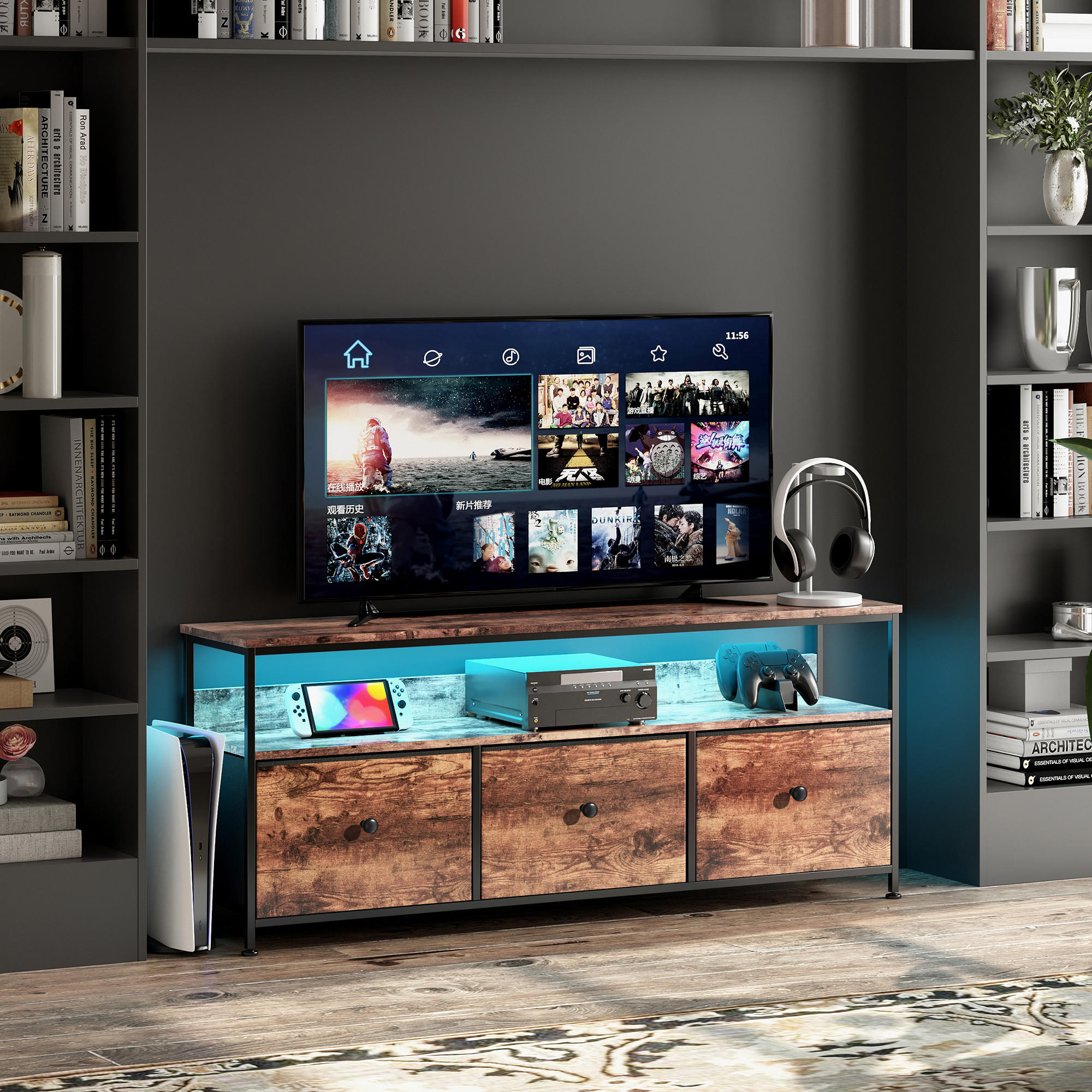 TV-SCHRANK, TV Board mit LED, 137 cm, Fernsehtisch mit 3 Stoffschublade - Schwarz, Holz (30/57/137cm)