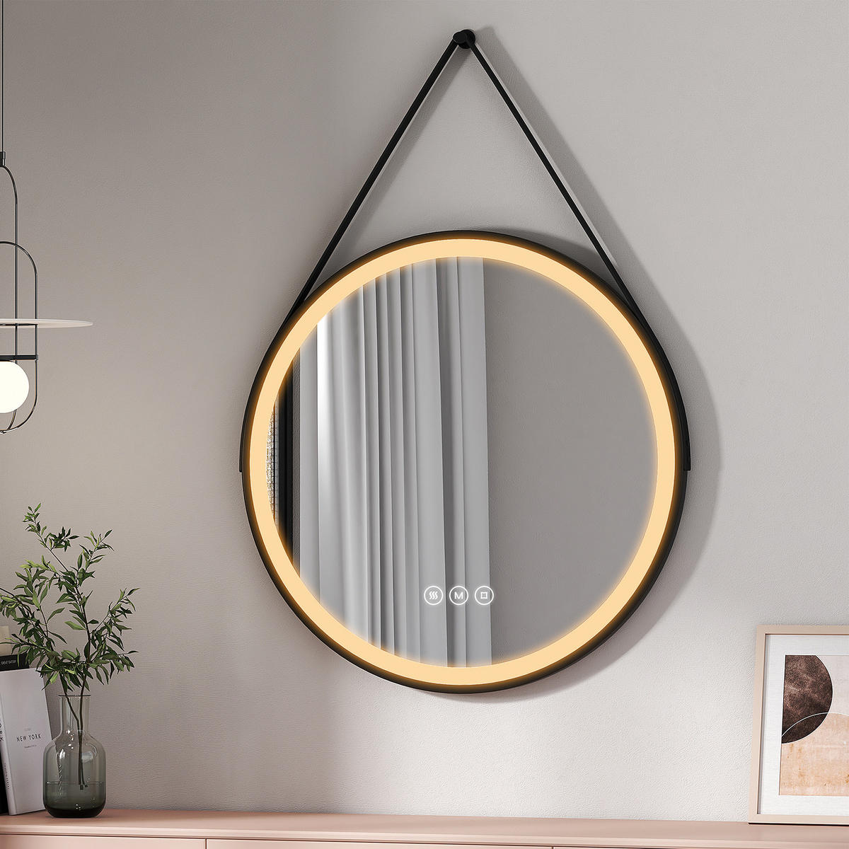 BADSPIEGEL mit Touch-Schalter Beleuchtung mit Hängeriemen Schwarz ф80 cm - Schwarz, Glas (80/3.5/80cm) - EMKE